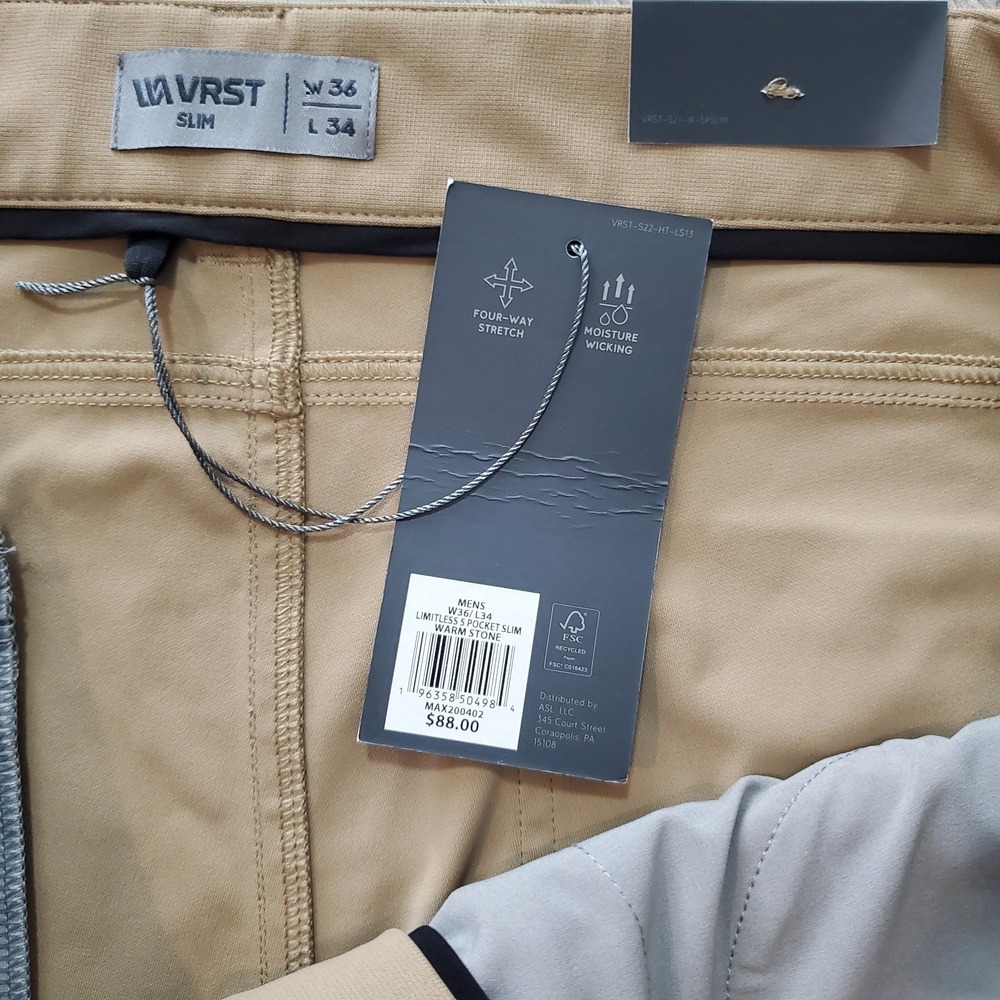 NWT VRST Pants Limitless 5-Pocket Golf Slim Fit Mens 36x34 Tan Tech Wicking - Picture 7 of 9